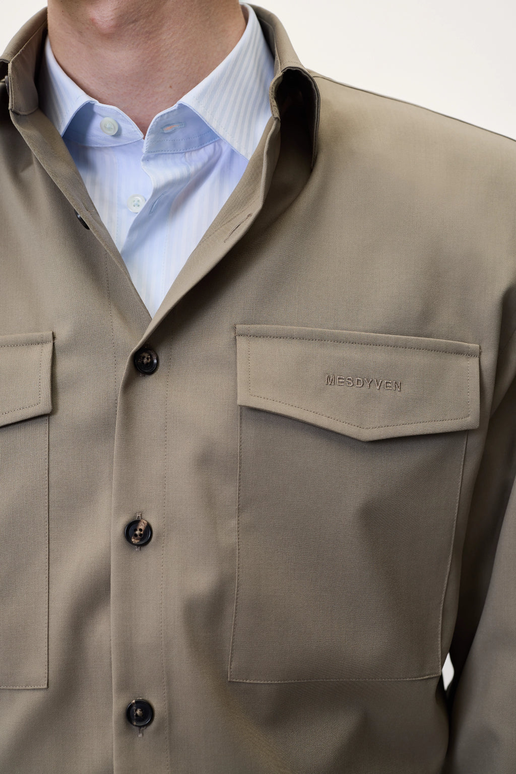 PADDED SHOULDER OVERSHIRT IN TAUPE