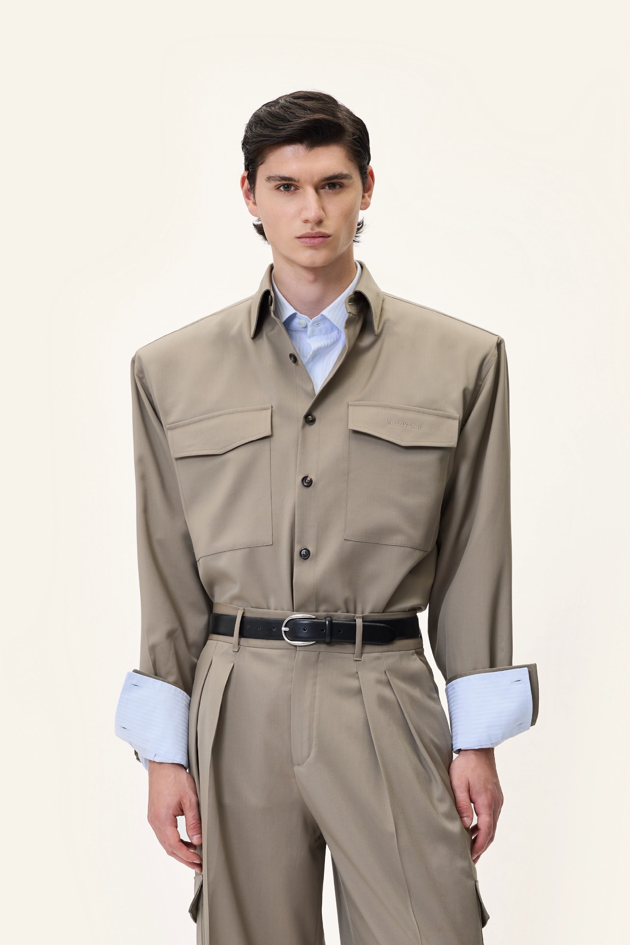 PADDED SHOULDER OVERSHIRT IN TAUPE