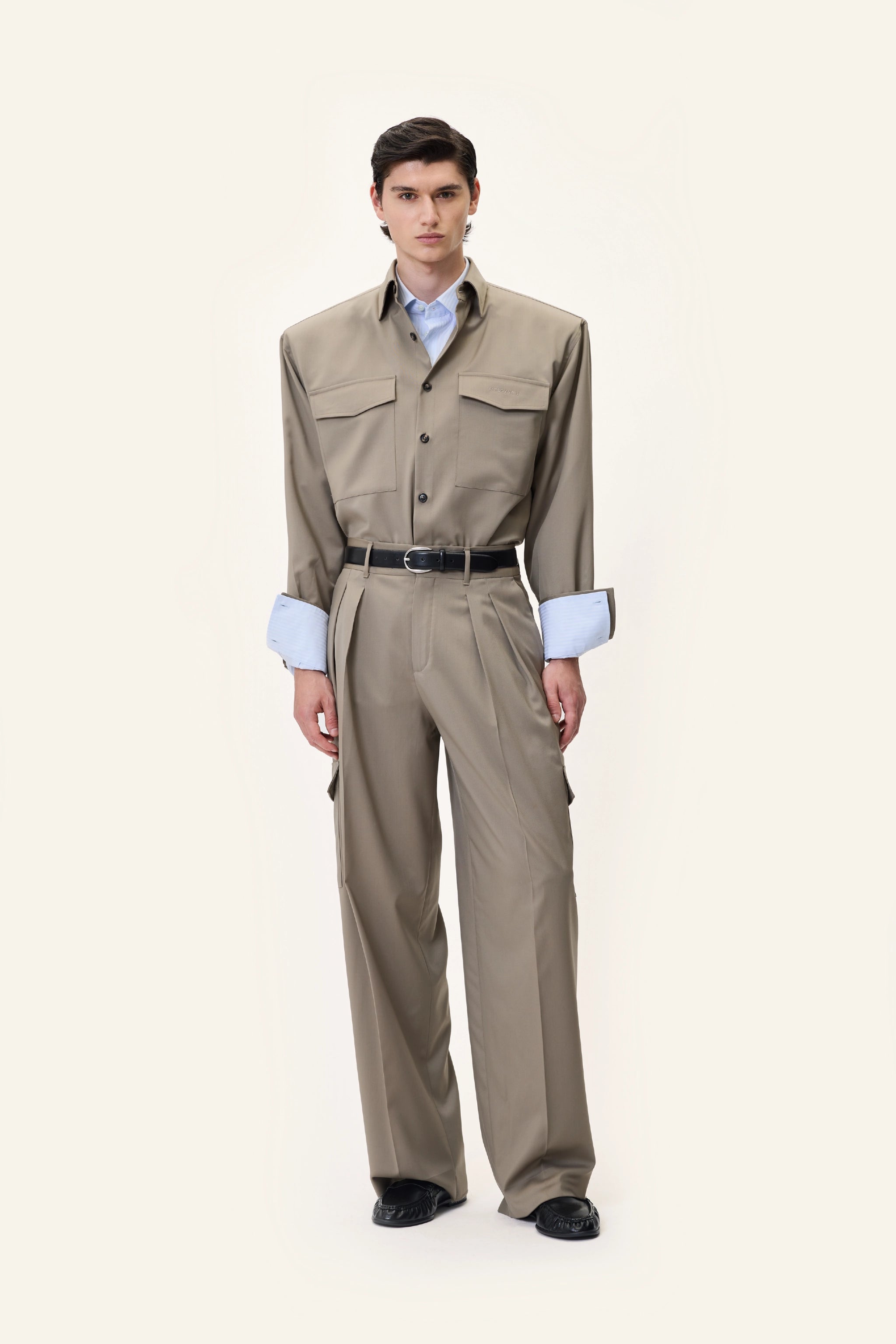 PADDED SHOULDER OVERSHIRT IN TAUPE