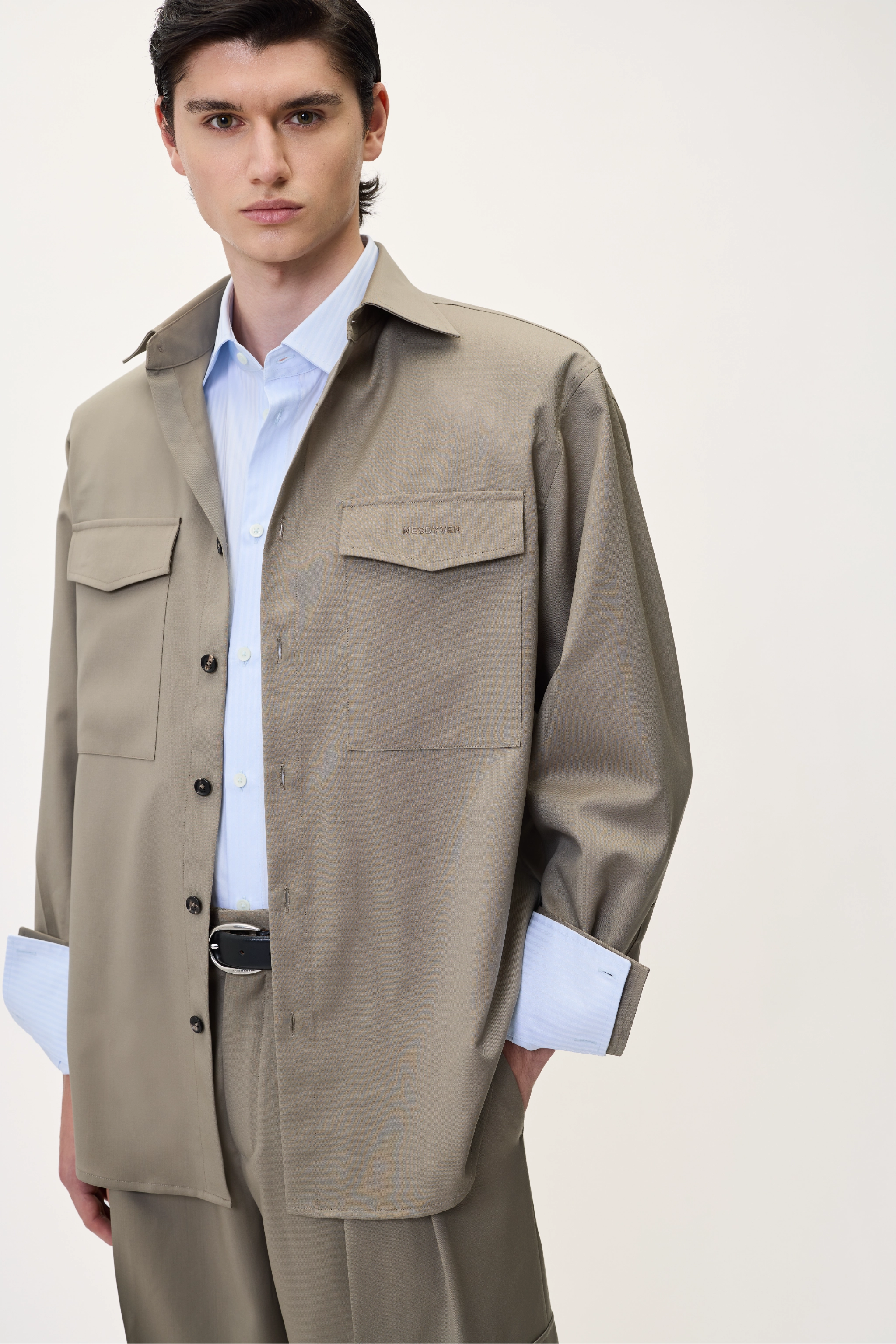 PADDED SHOULDER OVERSHIRT IN TAUPE